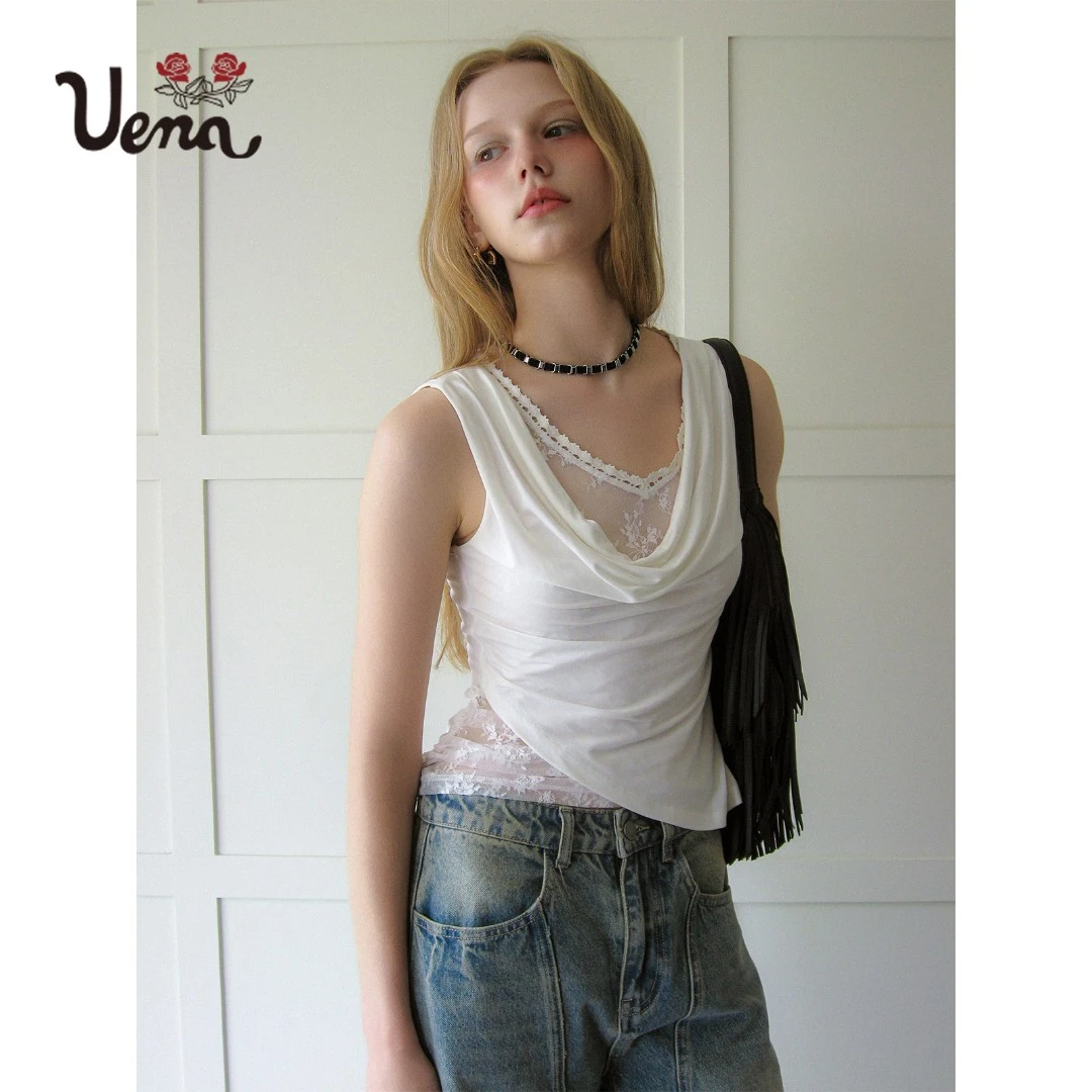 【玻璃纸】Uena白色蕾丝拼接荡领不规则抽褶下摆无袖T恤修身上衣
