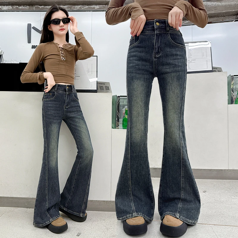 女童牛仔喇叭裤2025秋季新款中大儿童高腰弹力微喇叭裤女孩牛仔裤