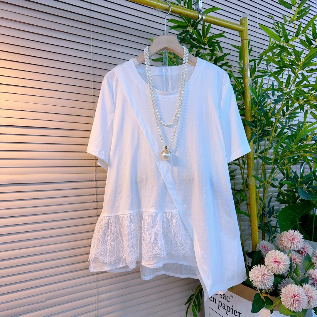 6030胖mm欧货时尚圆领纯色不等式拼接蕾丝设计感减龄显瘦短袖衫