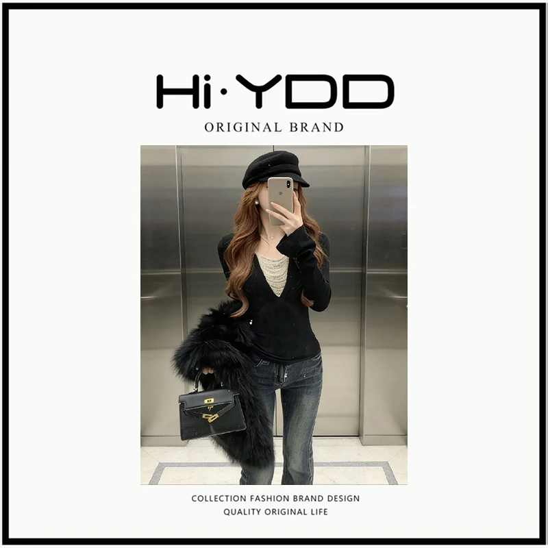 YDD•「9872」磨毛加绒重工珠链内搭长袖T恤女秋冬修身显瘦打底上衣