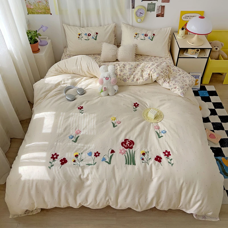 100%全棉毛巾绣四件套可爱纯棉被套学生宿舍床单三件套棉床上用品