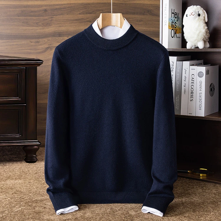 （留白织风）480克%100绵羊毛48支精纺9针浮线工艺加厚男士圆领绒衫