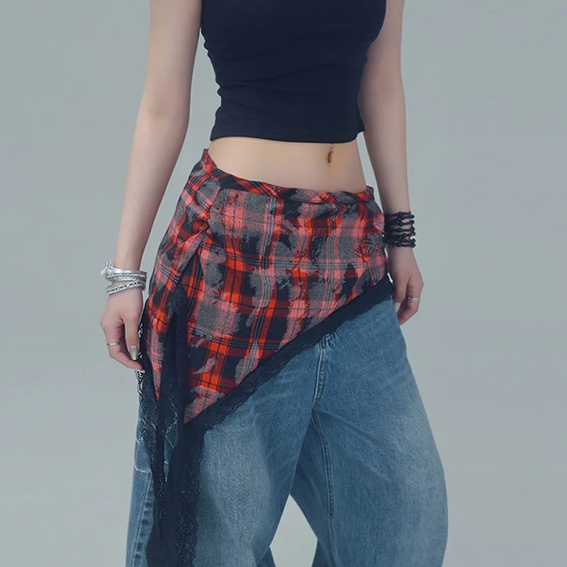 街舞红黑朋克格纹多穿腰搭蕾丝花边爵士跳舞半身裙欧美配饰潮