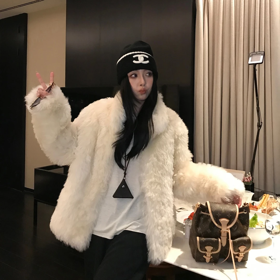 大表姐FUR"北国雪夜"秋冬新款莫斯纳羊毛皮毛一体立领皮草毛外套