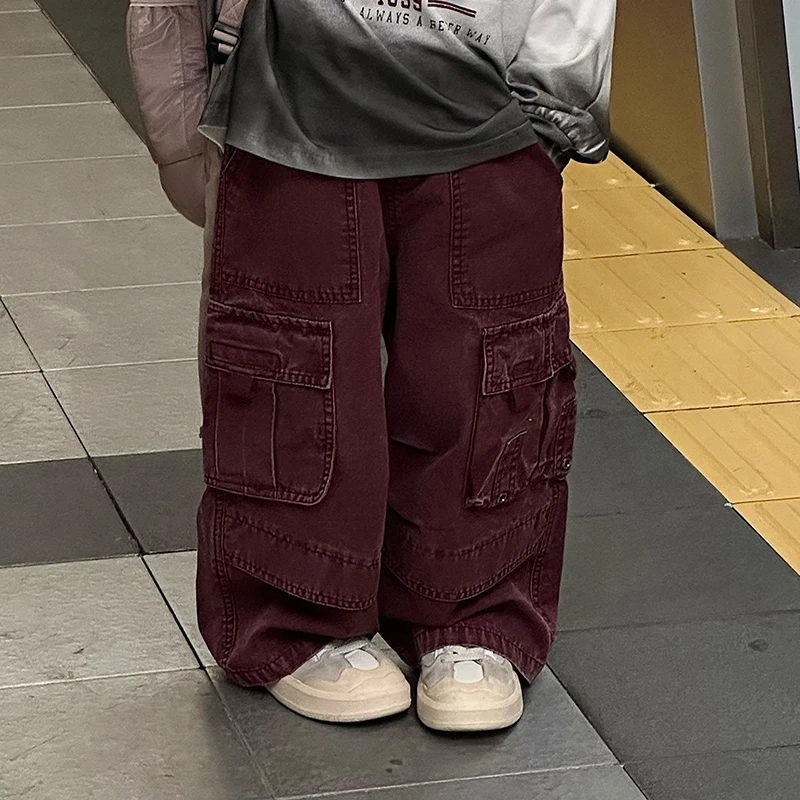 Jimmy妈童品 浆果梅紫 秋季新款儿童工装风暗红色多口袋牛仔长裤