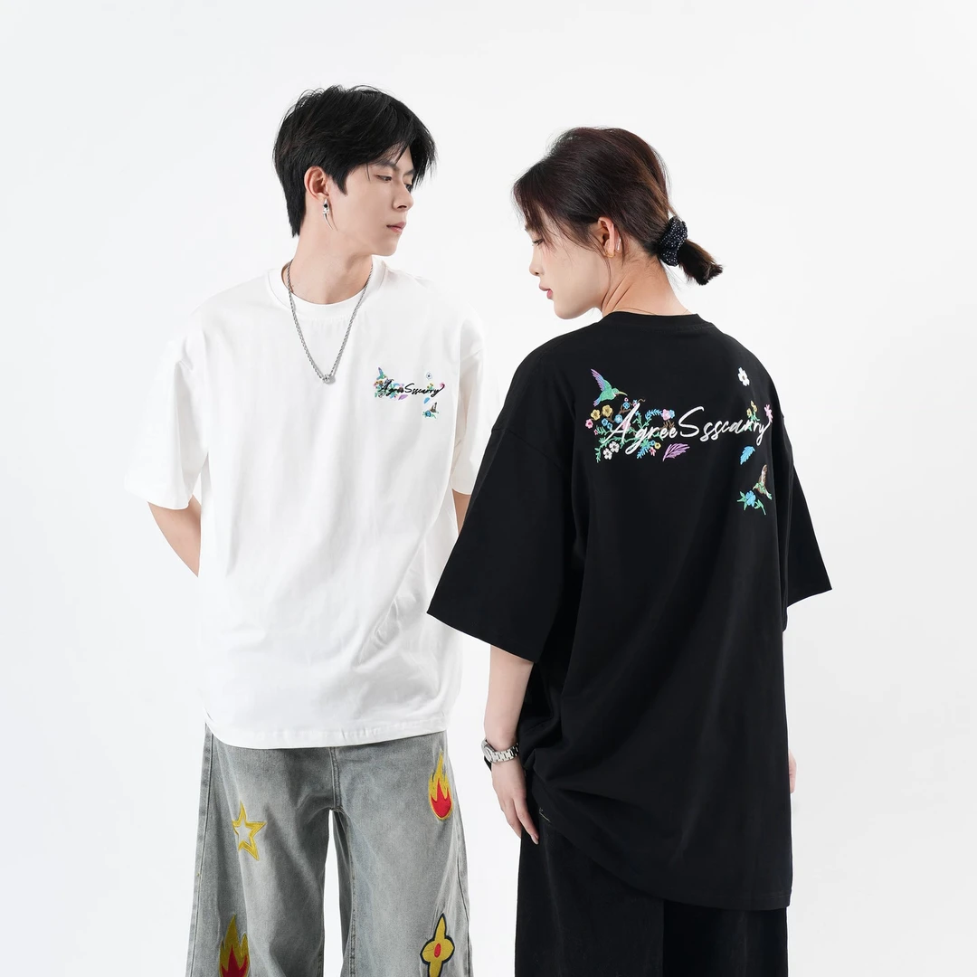 SC夏季美式花卉刺绣T恤280g纯棉吸汗透气百搭圆领情侣短袖GK-474