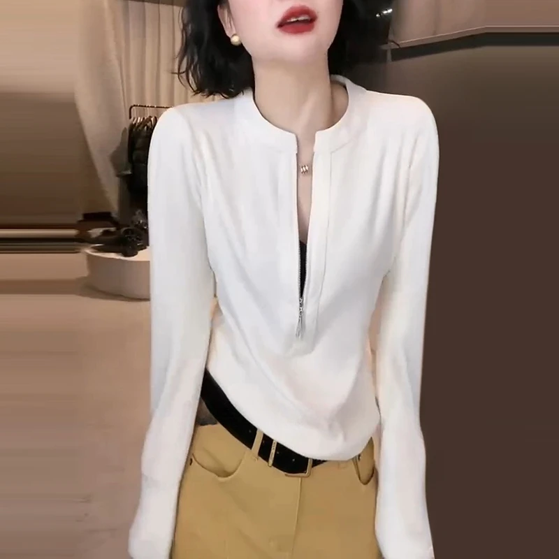 秋季新款休闲简约通勤高级感半拉链圆领长袖T恤打底衫显瘦上衣女
