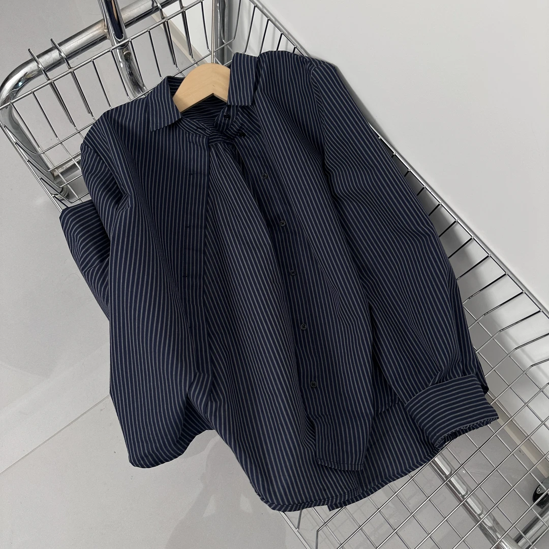 【椿屿凡】秋季新款韩系条纹精致复古长袖衬衫女