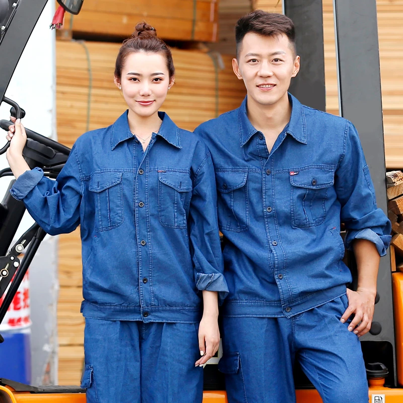 夏季薄款牛仔工作服套装男长袖电焊服焊工防烫耐磨脏刺绣劳保服