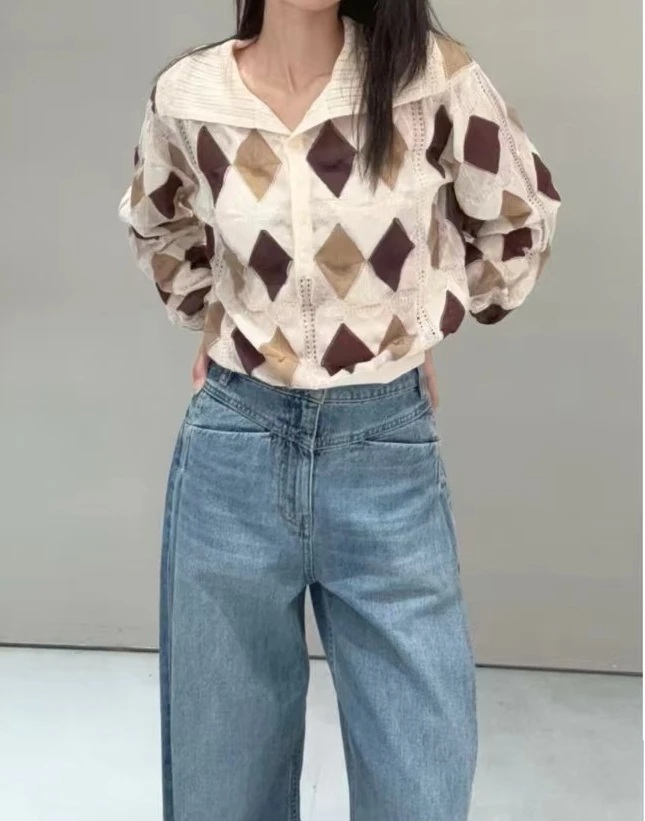 2025秋季新款全嵌花菱格半高领移针挑嵌花针织衫女