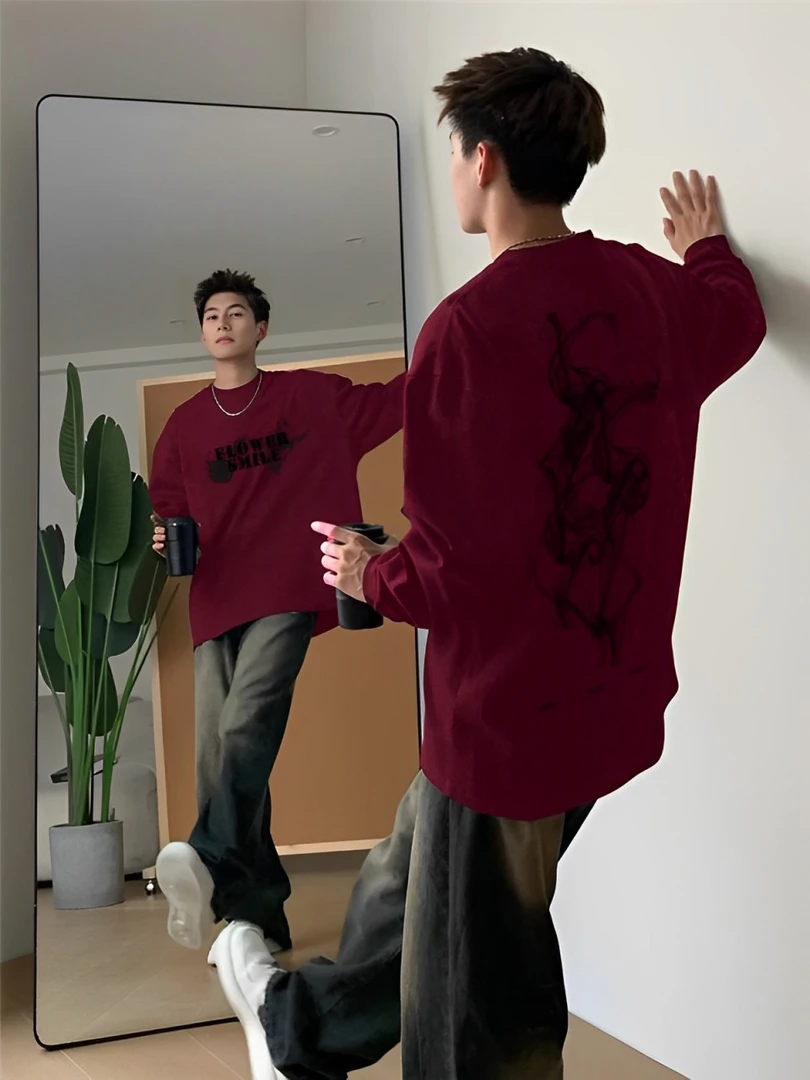 【重磅纯棉】秋冬新款圆领宽松复古红色国潮大码潮流美式男长袖T恤