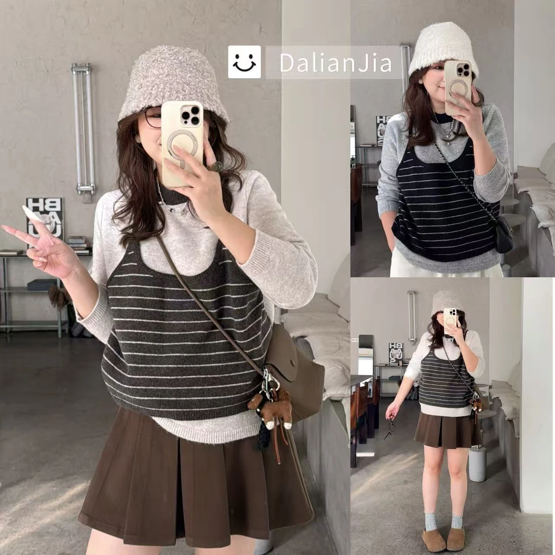 晶咕佳佳【夹层巴斯克】假两件条纹吊带撞色针织衫显瘦时尚休闲韩版