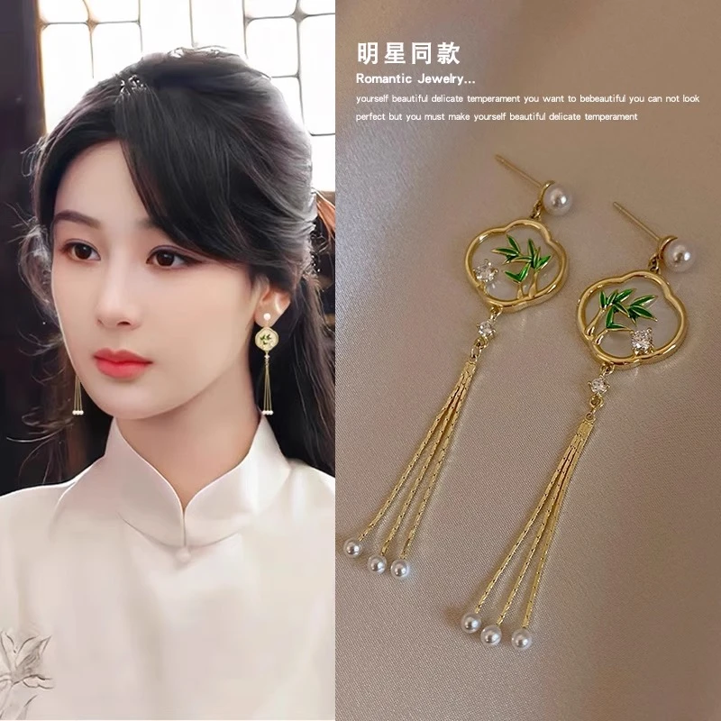 铜合金耳饰 新中式翠竹流苏耳环女款耳钉小众设计马面裙配饰耳饰