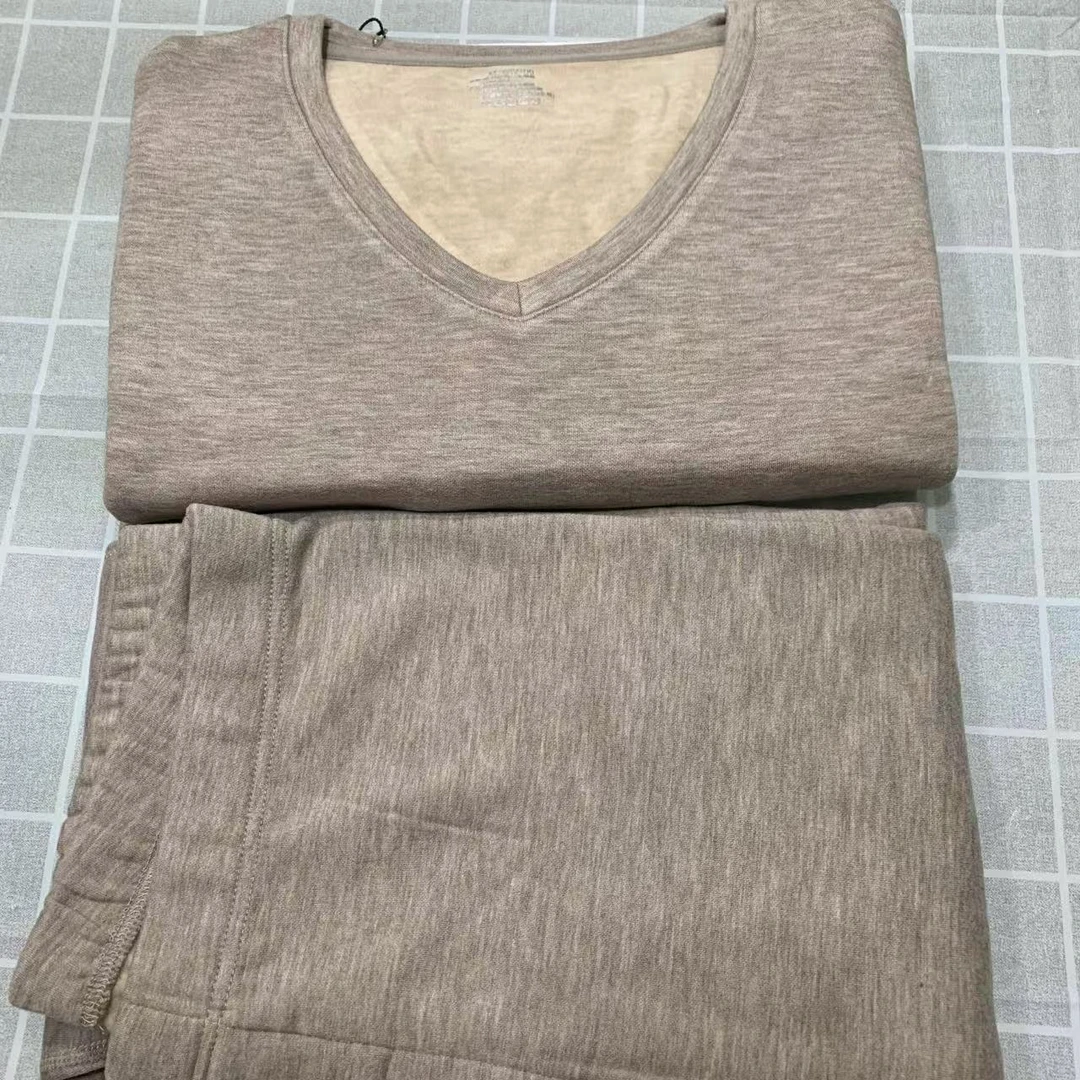 男士V领蚕丝羊绒发热纤维磨绒护膝保暖套装