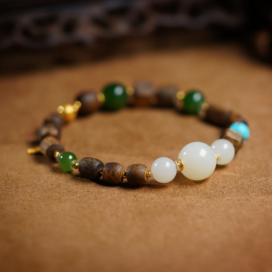 沉香【左边婷姐】沉香和田玉18K金原创设计中式高级感手串（B1577）