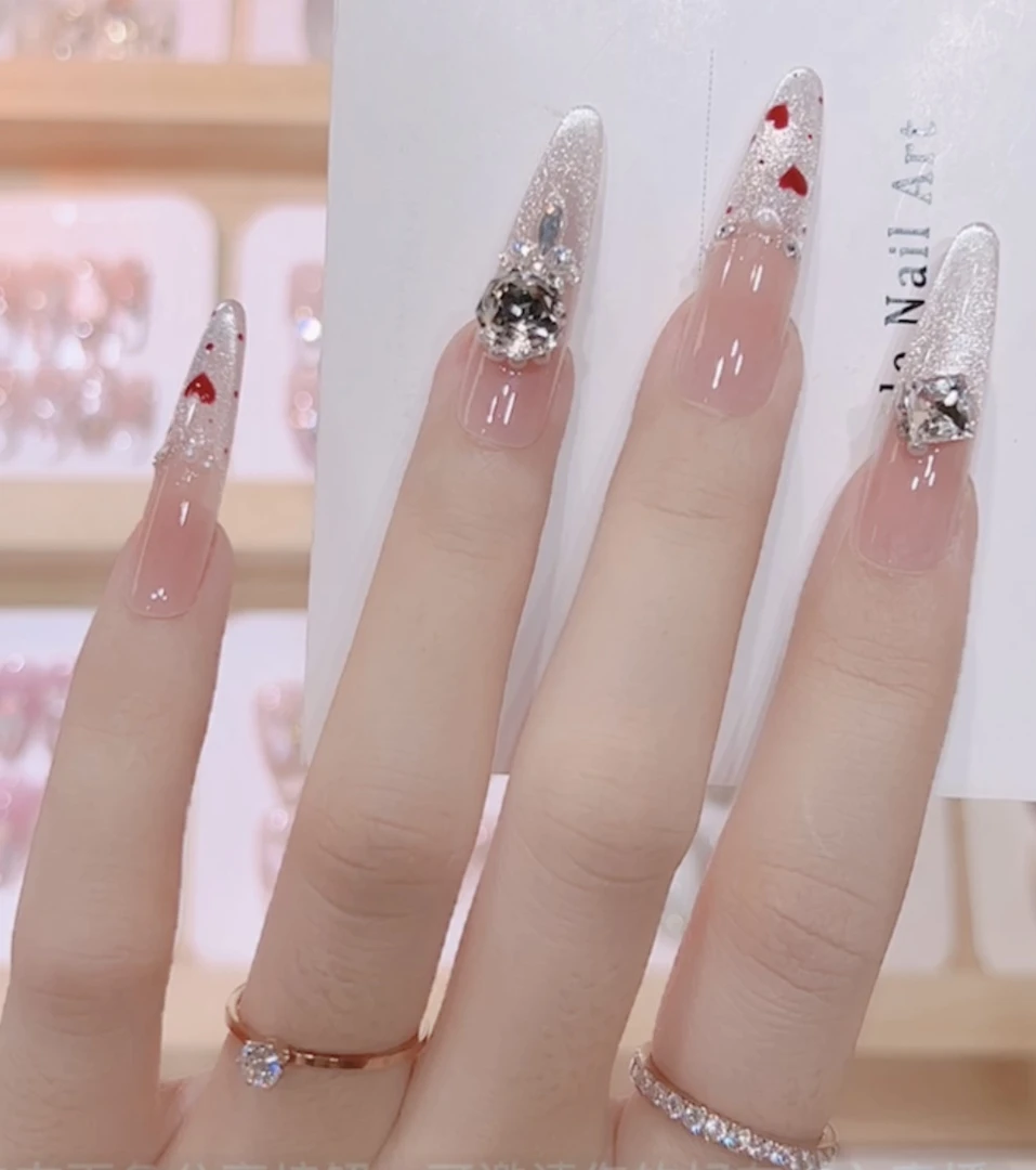 【宝贝甜心】纯手工纯欲爱心锆石爆闪猫眼法式穿戴甲可拆卸美甲