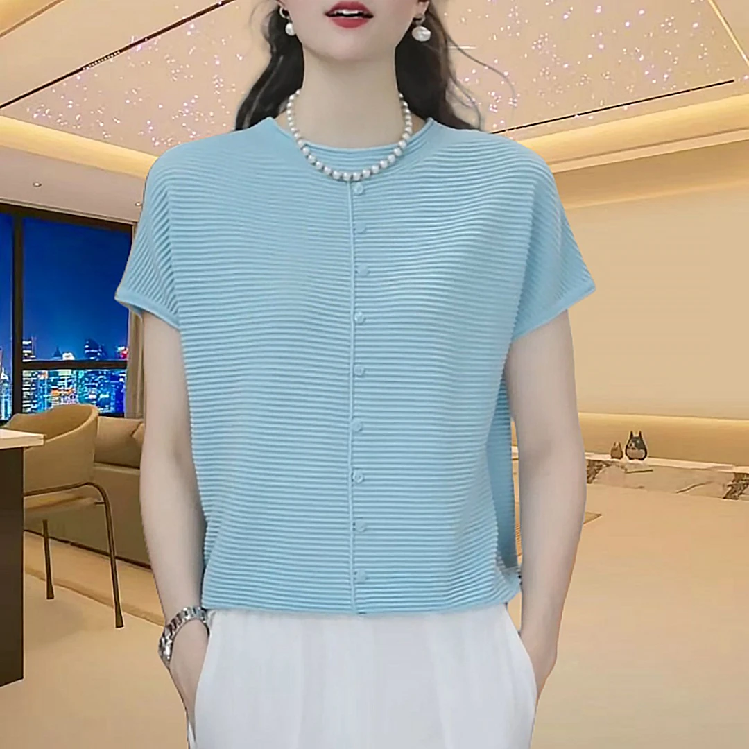 夏季透气短袖薄款针织衫T恤女士套头洋气高级感圆领纯色简约上衣