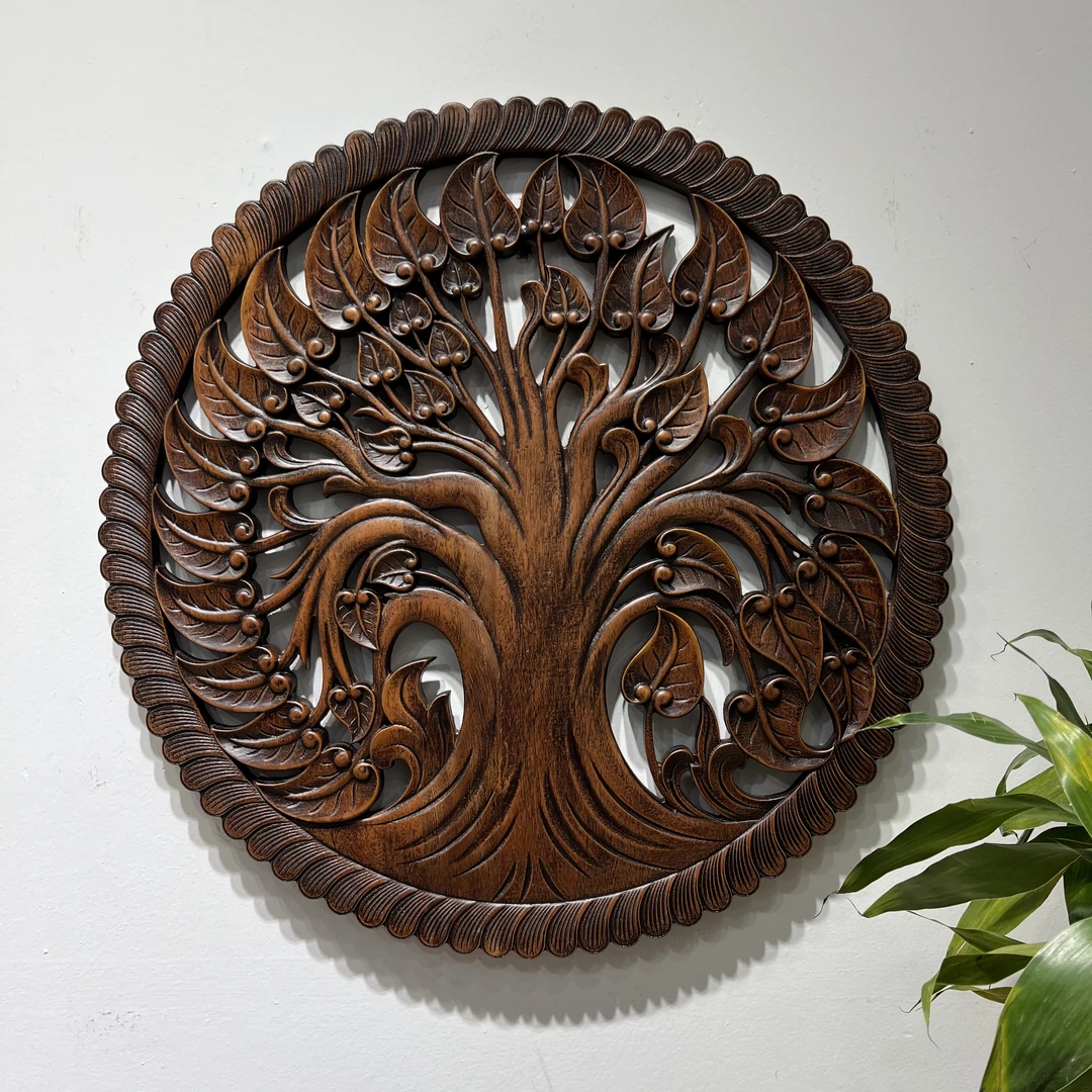 发财树圆形木雕挂件香樟木背景墙玄关客厅餐厅木雕挂画实木浮雕