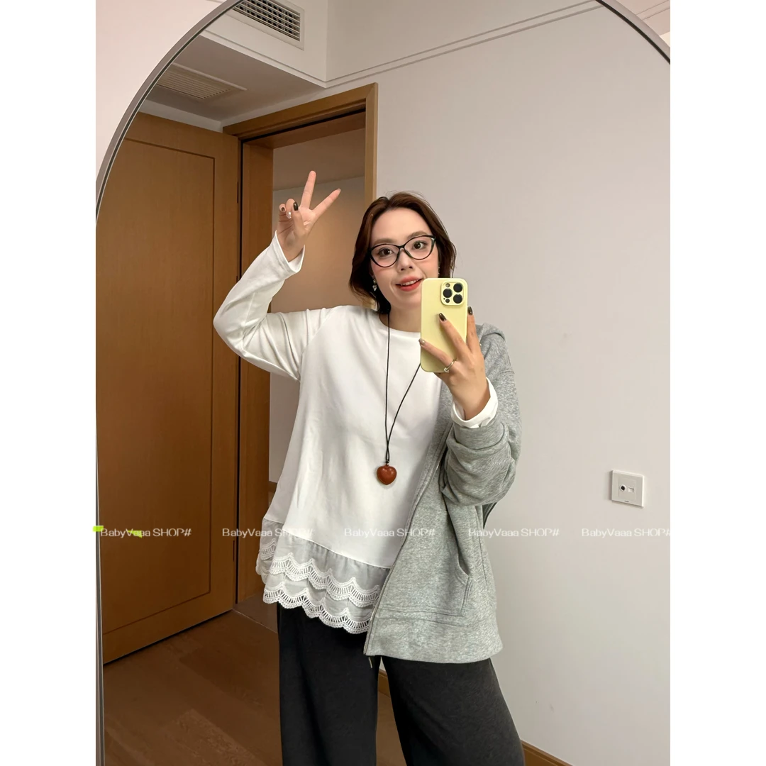 【叠叠乐】秋冬款小清新休闲洋气加长蕾丝下摆花边磨毛长袖T恤