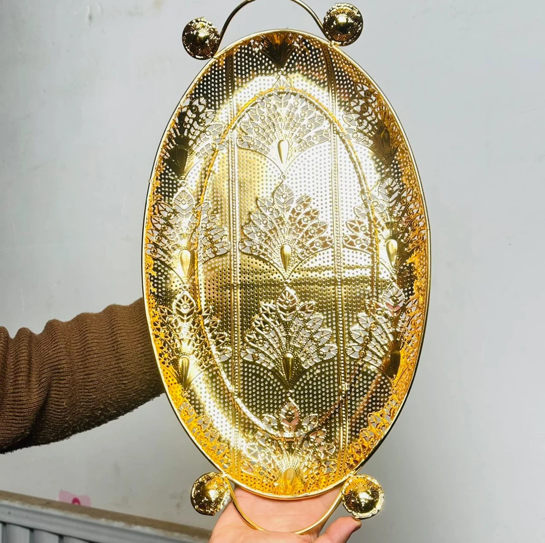 新疆包邮不掉色椭圆形托盘欧式金色轻奢 椭圆形茶盘pp