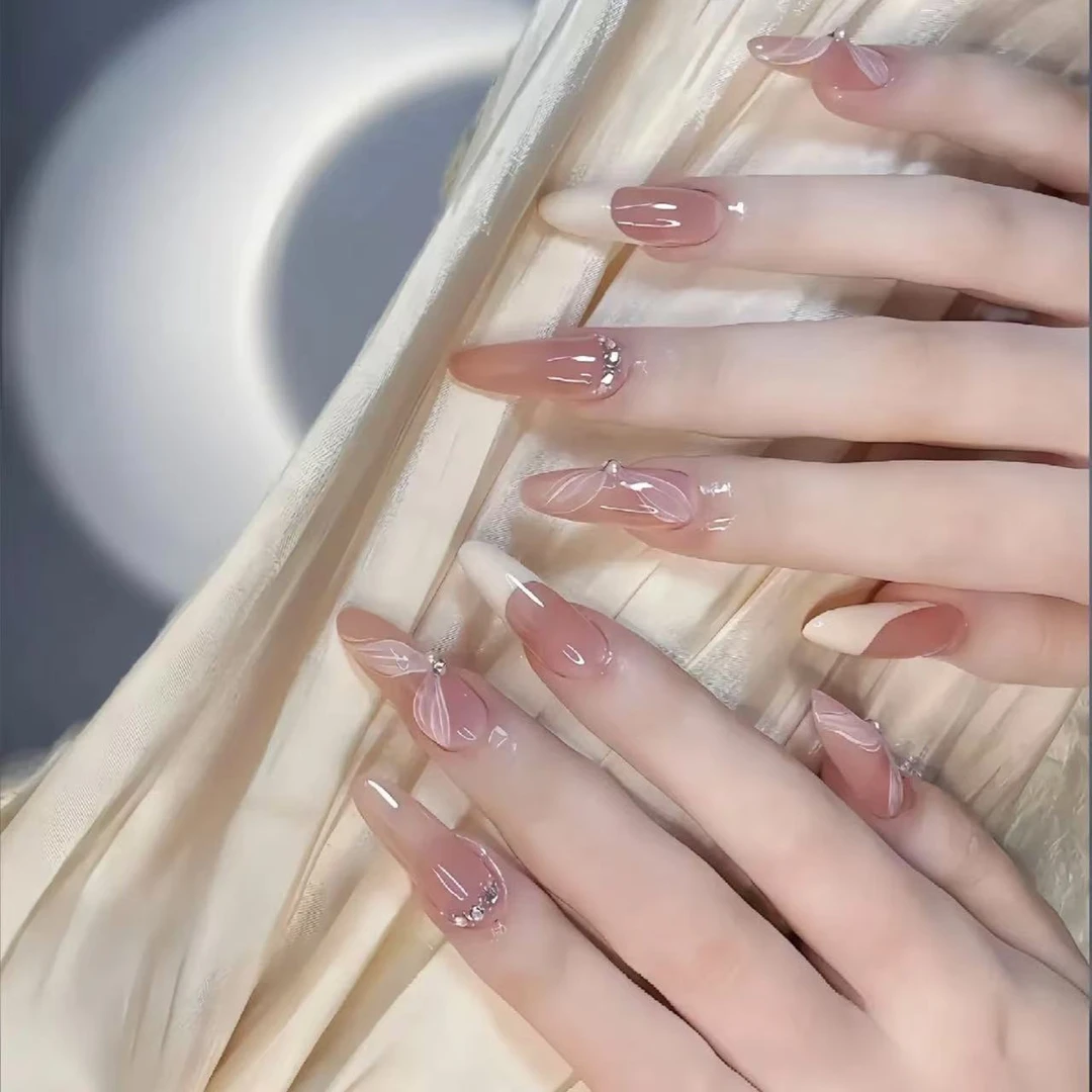 法式杏仁穿戴甲气质飘带高级感复古美甲半手工指甲贴片可拆卸甲片