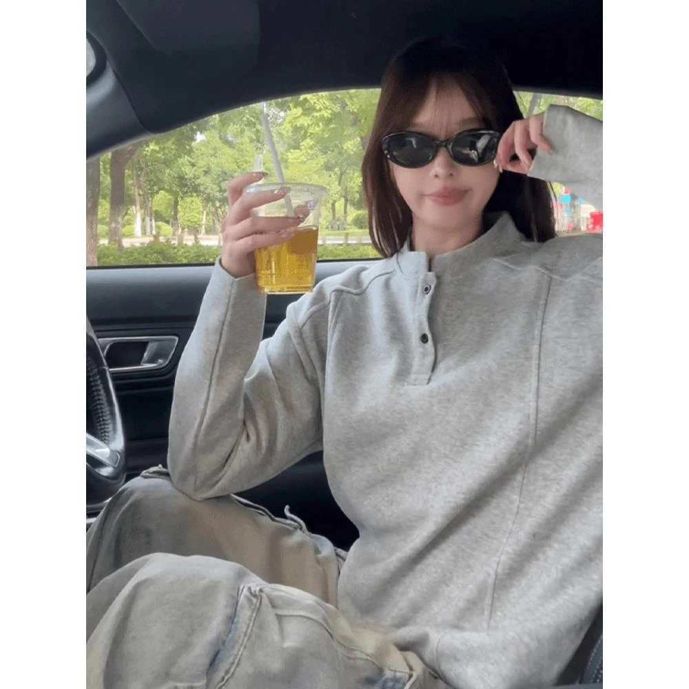 亨利领正肩卫衣男秋季cleanfit美式解构拼接设计感长袖T恤打底衫
