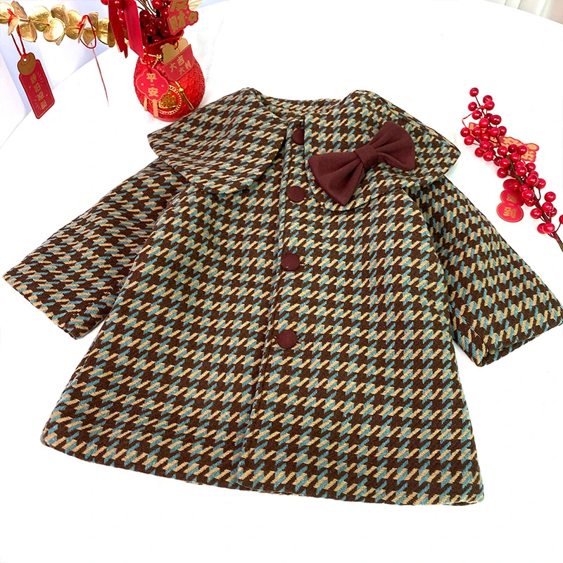 【清-现货】加绒加厚格子中长款大衣女童外套童装Q24340