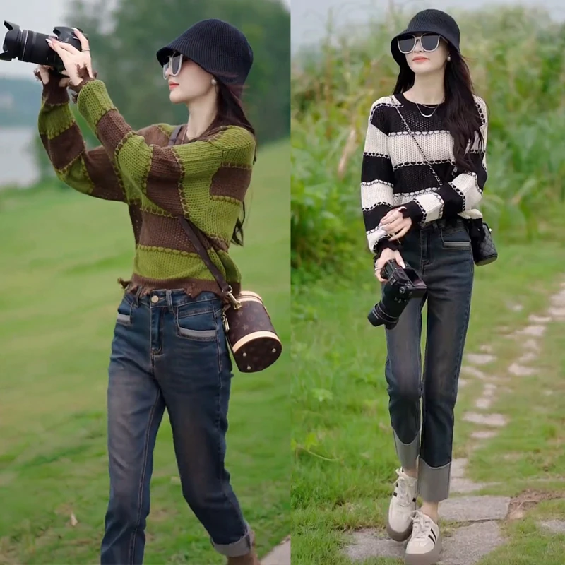 镂空拼色针织衫牛仔烟管裤套装女时尚小个子穿搭毛衣直筒裤两件套