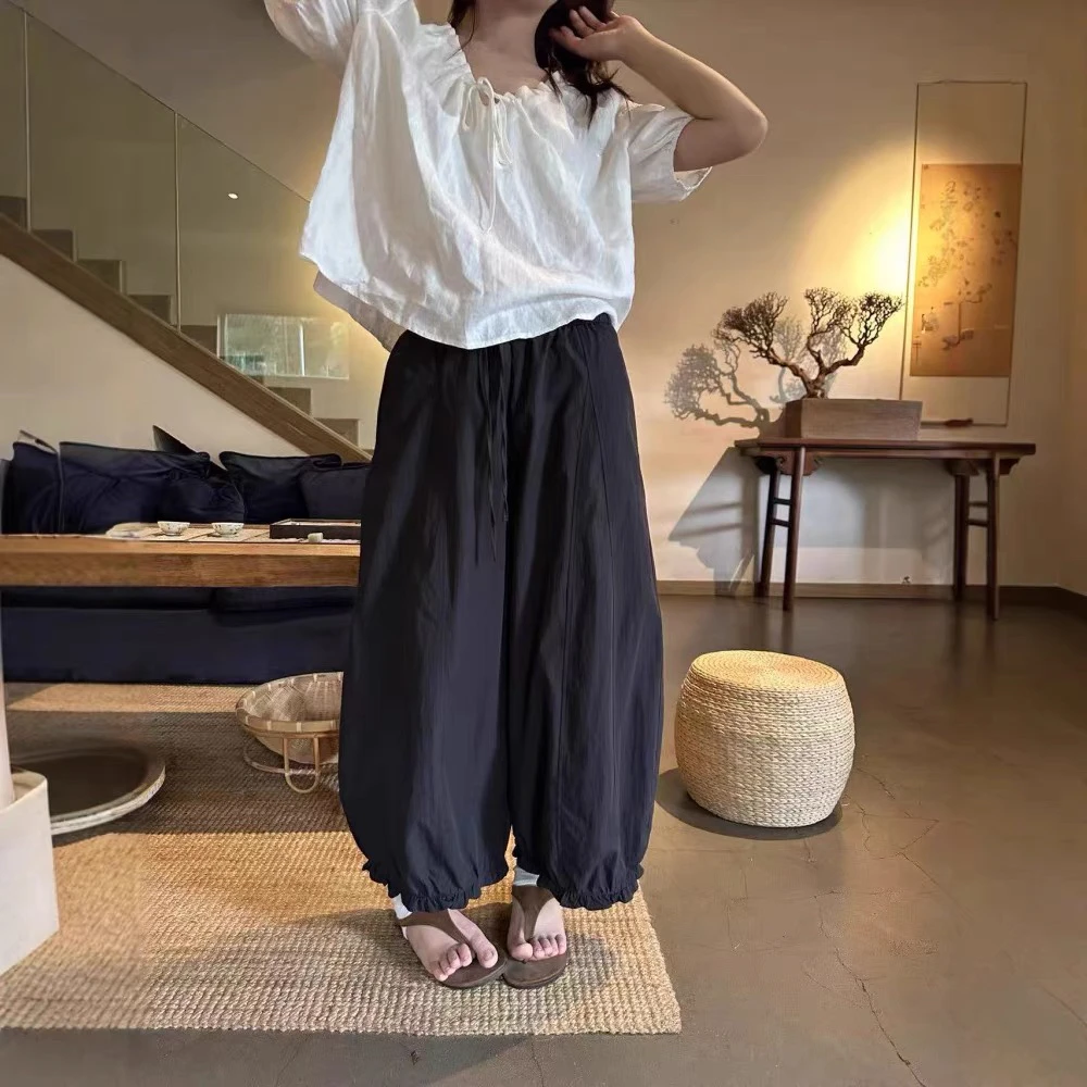 董小姐/8990 木耳边九分灯笼花边裤女百搭薄款高腰显瘦宽松气球裤