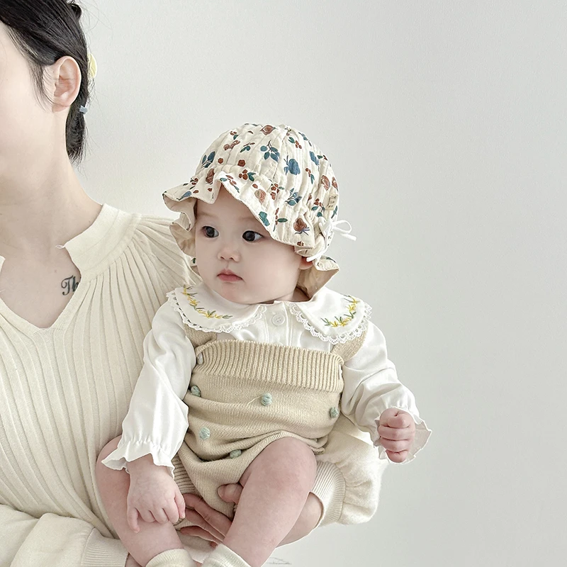 婴儿帽子儿童春秋季可爱小月龄盆帽男女宝宝可调节防风花苞渔夫帽