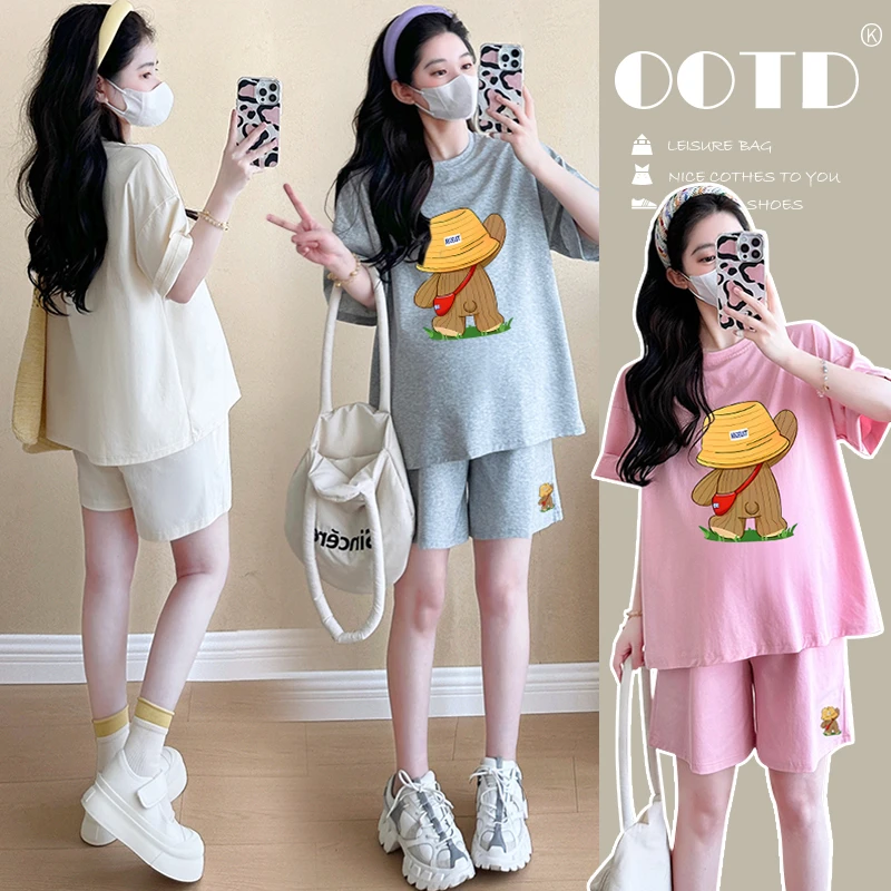 【梦梦妈】孕妇套装夏季新款韩版宽松休闲时尚草帽熊T恤孕妇两件套