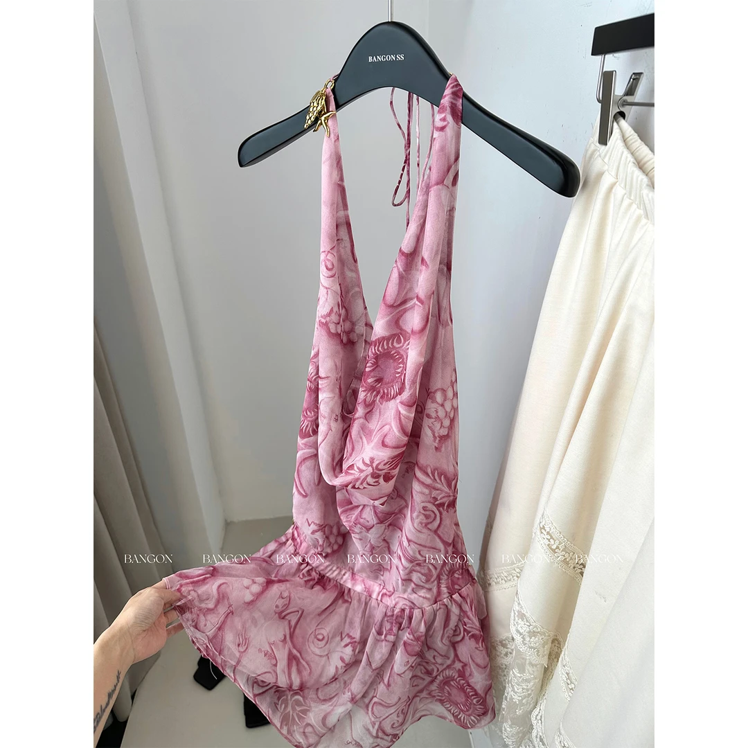 BANGON 田曦薇同款粉色挂脖连衣裙性感辣妹风2025年夏季新款裙子