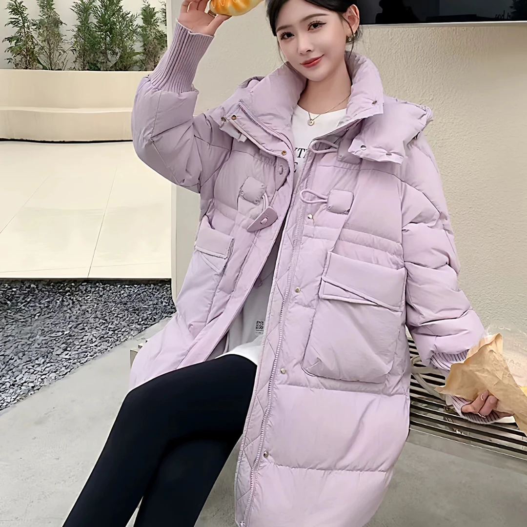 牛角扣中长款韩版大码羽绒服2025冬新款连帽过膝收腰显瘦加厚外套