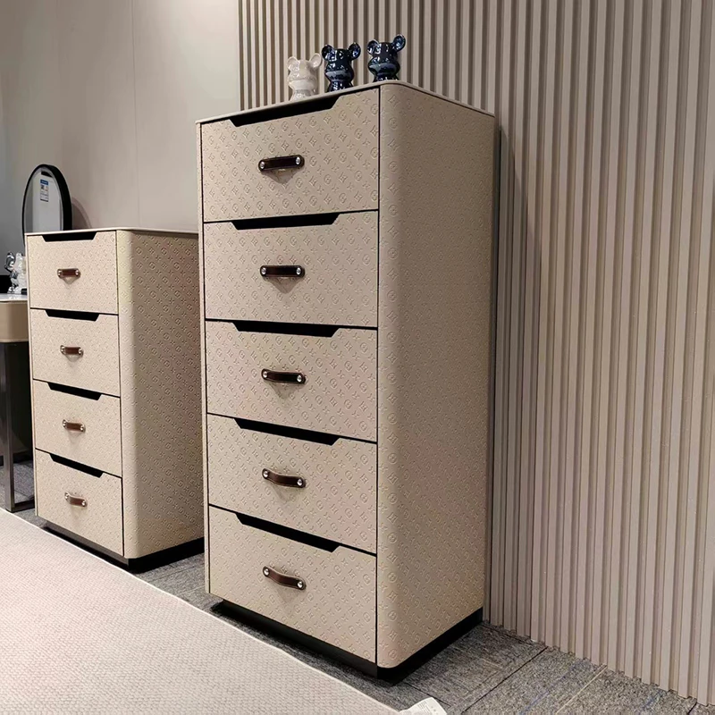 现代简约马鞍皮压花五斗柜中古风带抽屉储物柜床尾柜餐边柜收纳柜