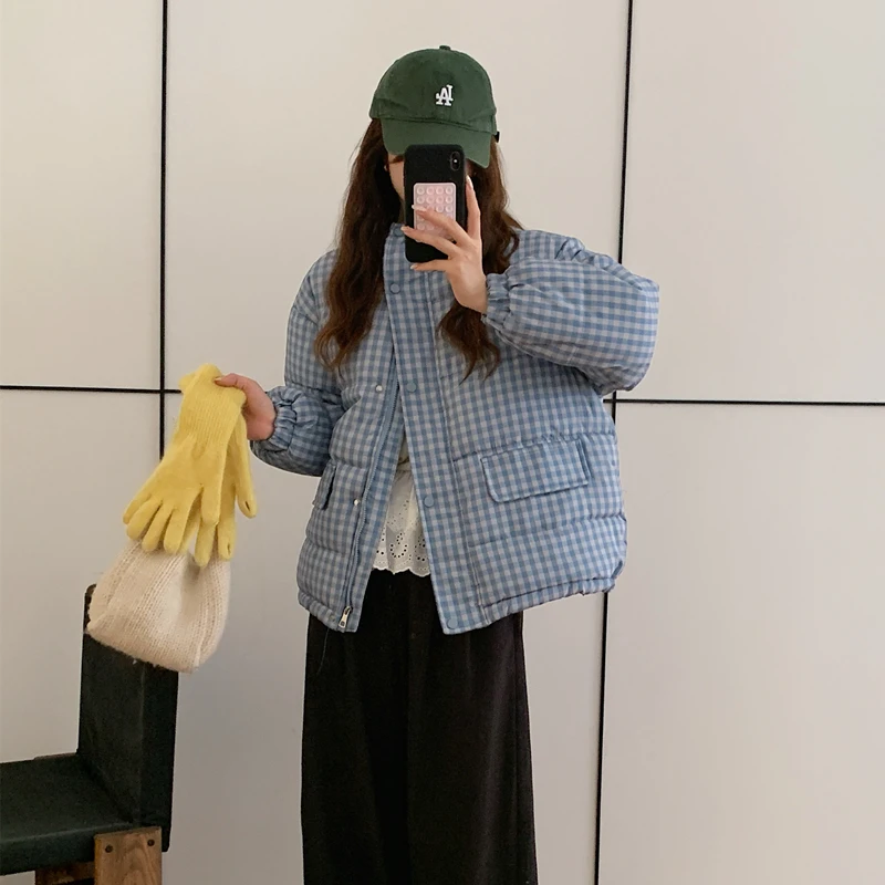 蓝色格子棉服女2025新款冬季ins学生韩版面包服棉衣宽松棉袄外套