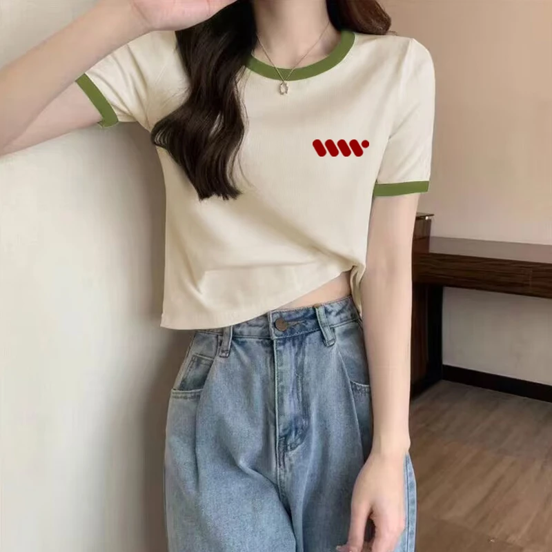 纯棉短袖t恤女2025夏季新款韩版辣妹撞色时尚百搭圆领上衣打底ins
