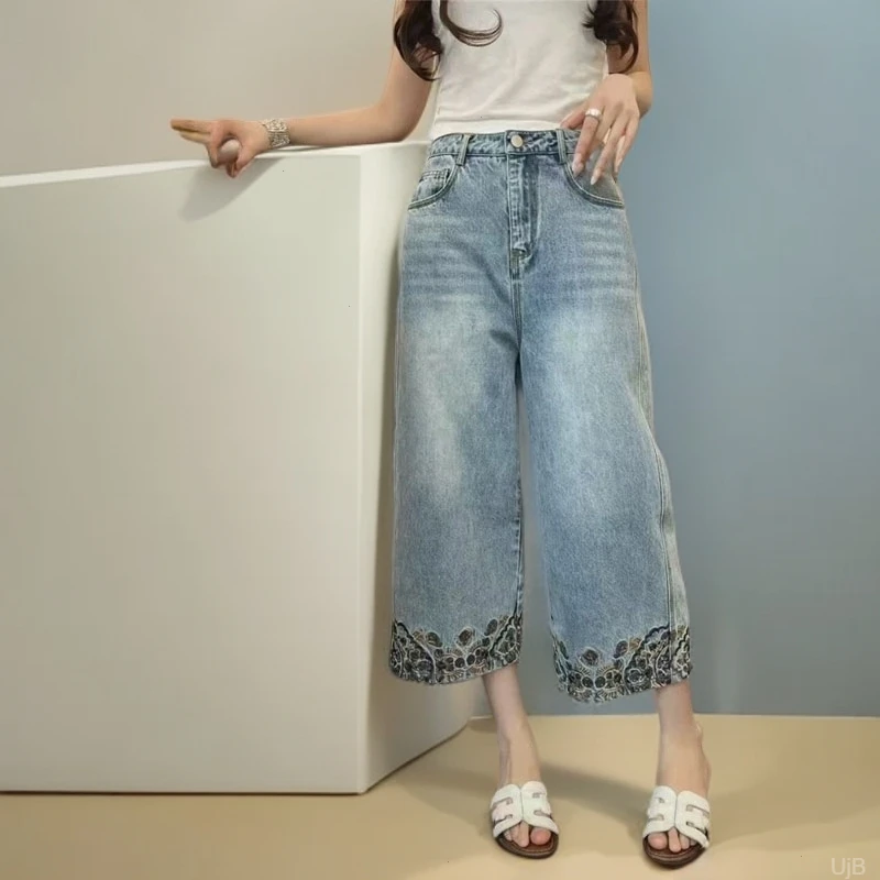 欧货南油高端夏重工小众复古高腰显瘦2025刺绣边八分牛仔裤女