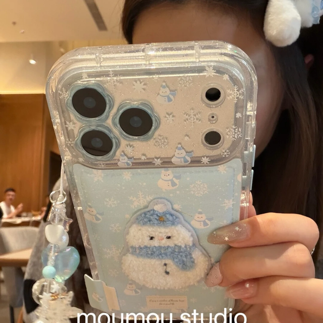 镜头框框雪人刺绣毛绒小熊适用ihone17promax苹果16p手机壳新款15