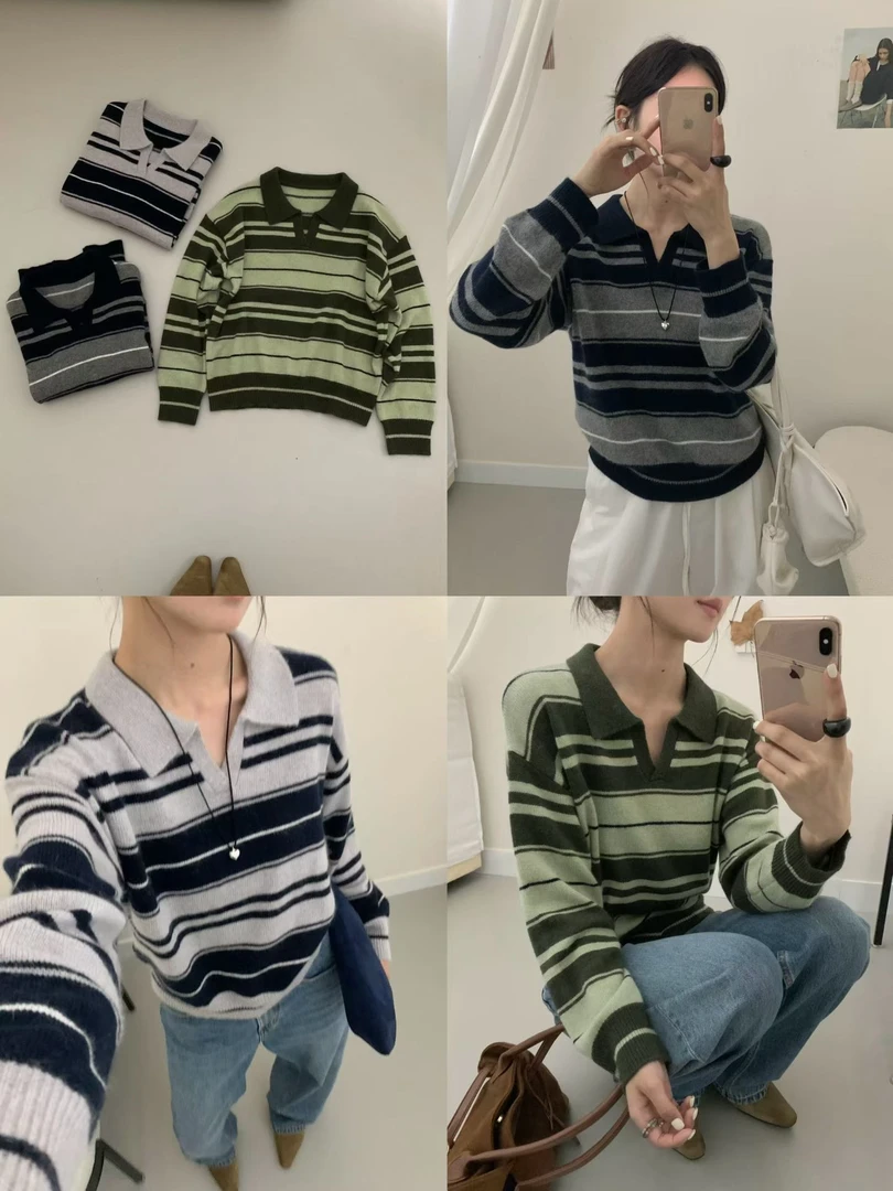 （集合链接）女显瘦毛针织衫上衣套头长袖打底衫秋季薄款撞色秋冬