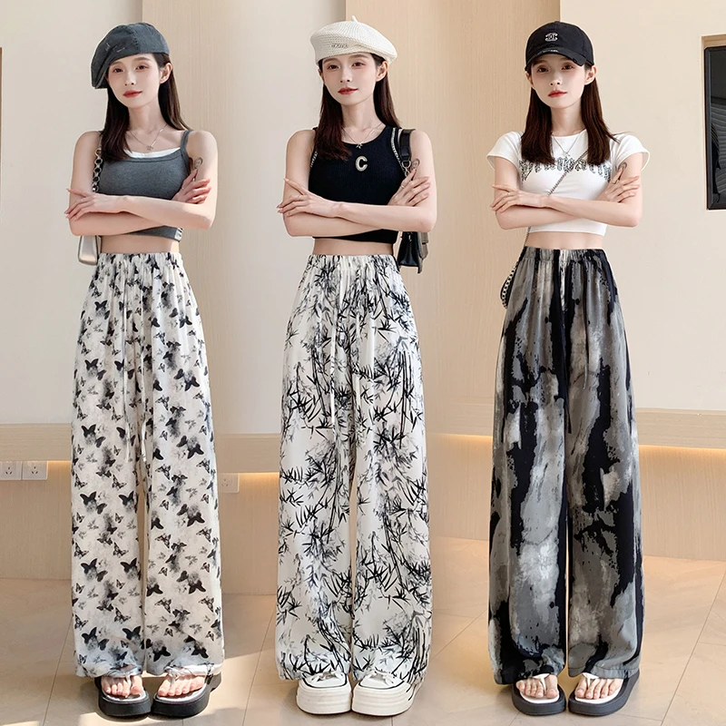 La Chapelle/拉夏贝尔松紧水墨画休闲裤女季薄款垂感防晒阔腿裤