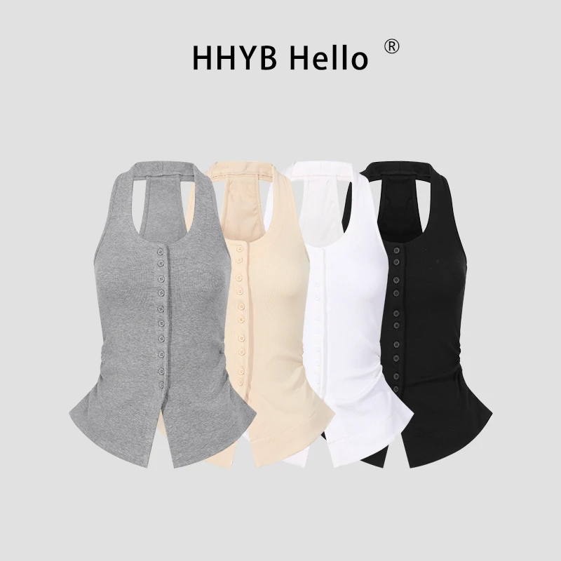 HHYB Hello法式U领挂脖吊带背心女2025新款单排扣无袖上衣253115