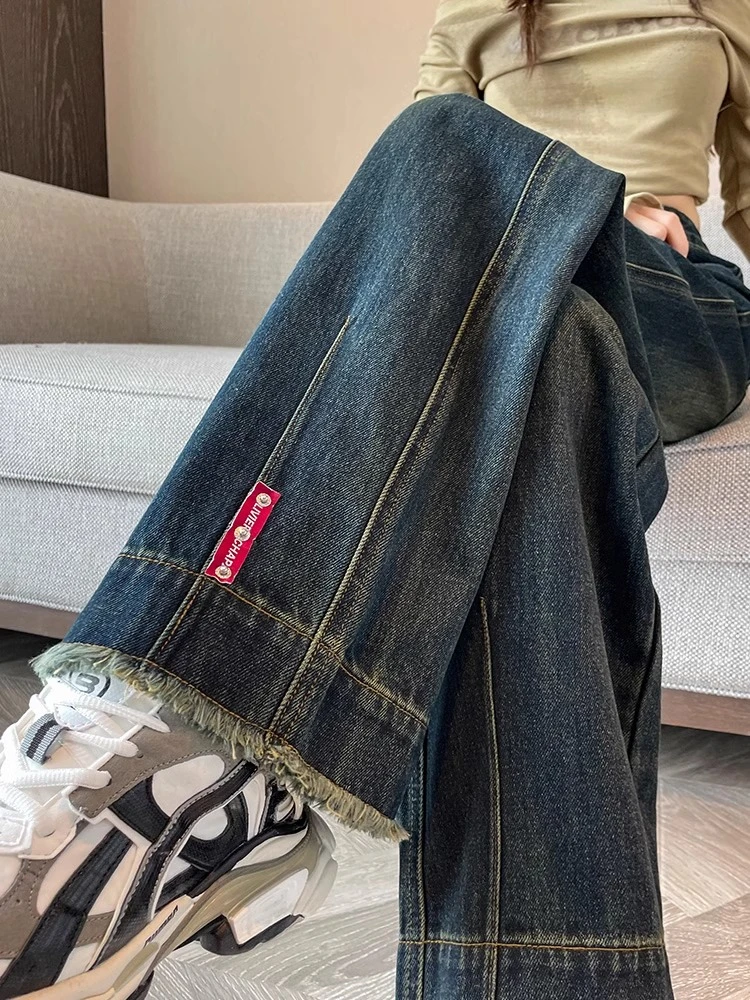 窄版阔腿牛仔裤女2025年秋季爆款梨型身材收胯高腰流苏直筒拖地裤