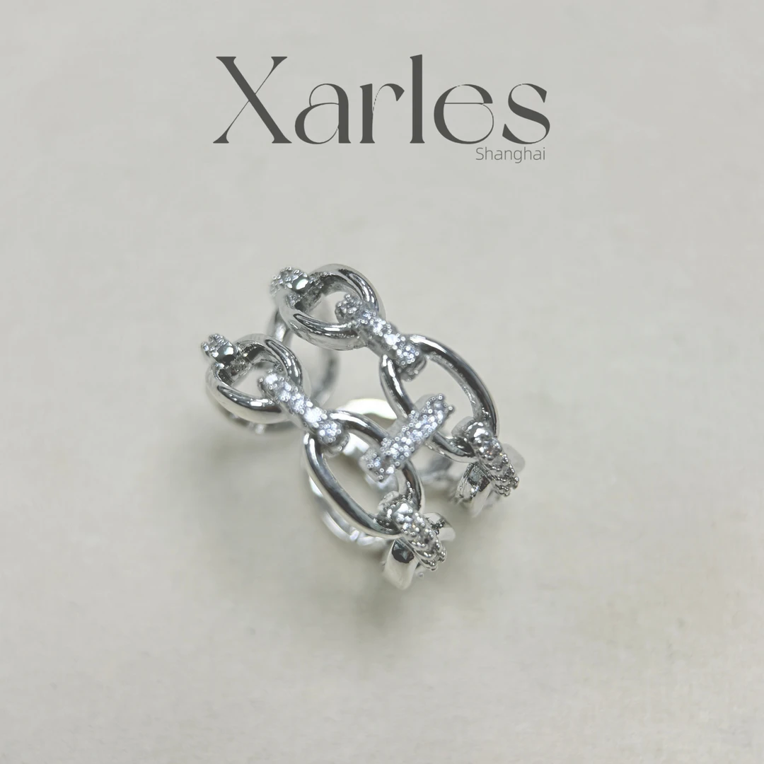 铜合金合成锆石戒指 萃-双排环扣环环相扣猪鼻开口银色戒指12129