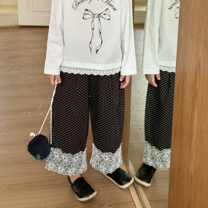 现货【波卡】100棉波点九分裤3100春夏装女宝洋气蕾丝裤脚直筒裤
