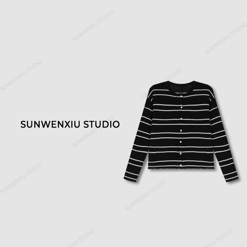 swx studio3店 ”条纹脑袋"亚麻莱赛尔混纺条纹百搭休闲长袖上衣