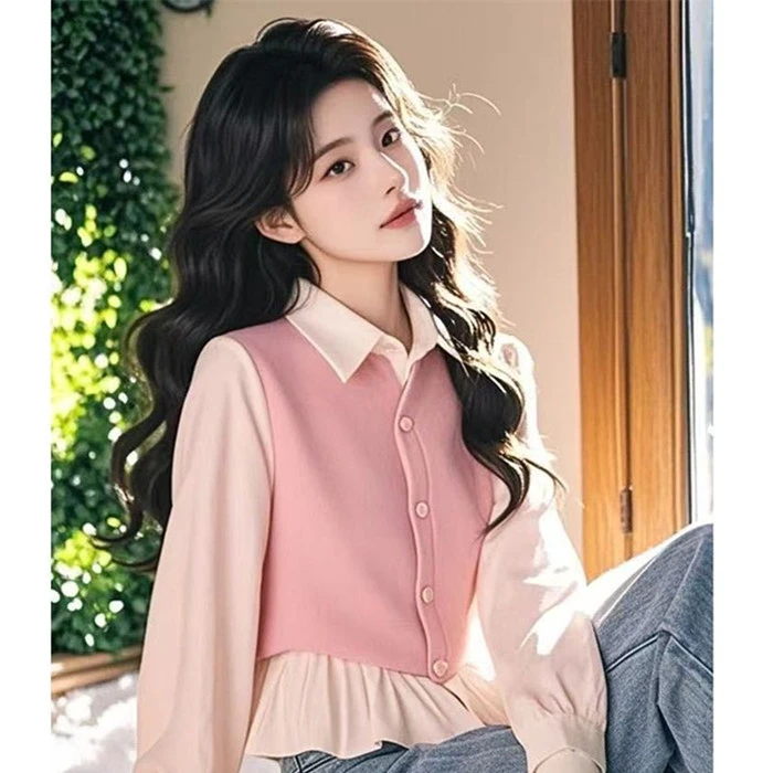 粉色拼接荷叶边衬衫女2025春季新款洋气设计感小众别致假两件上衣