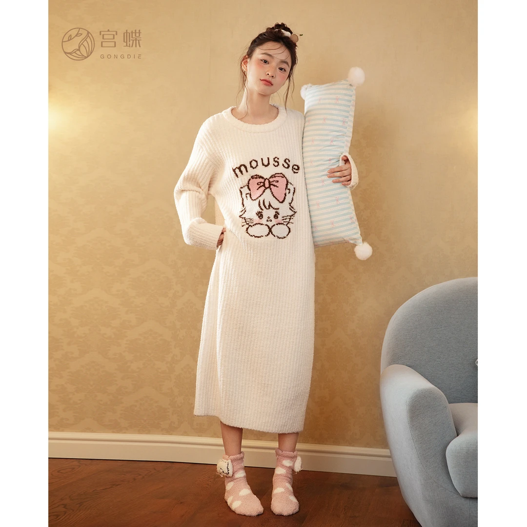宫蝶【蓄热型】mikko秋冬睡裙女加厚半边绒可爱甜美家居服睡衣女