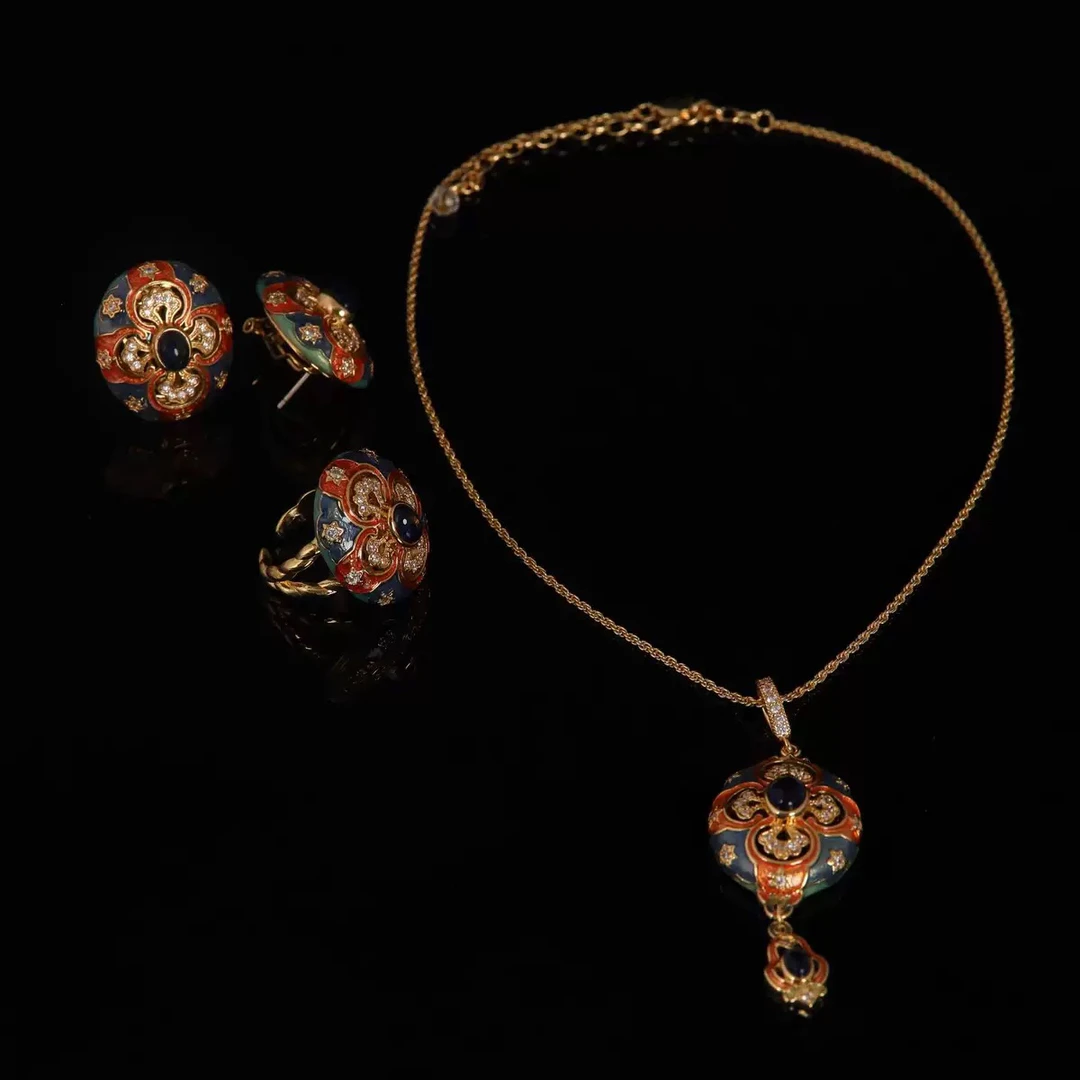 铜合金项链 三件套中古vintage新中式国风复古蓝橙色珐琅小众镂空