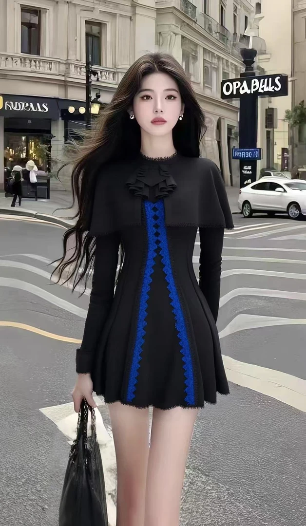 轻奢时尚优雅气质名媛黑色圆领长袖不规则设计连衣裙女显瘦短裙