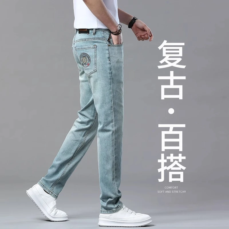 牛仔裤男夏季高档复古水洗直筒修身高端欧货怀旧刺绣痞帅潮牌裤子